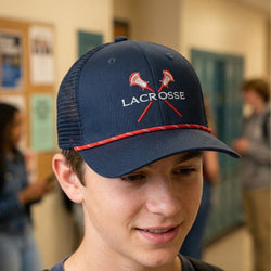 Boy wearing a navy blue cap with 'Lacrosse' text and red accents, in an indoor setting.