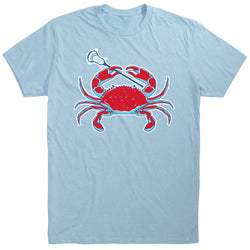Light blue t-shirt with a red crab holding a lacrosse stick on a white background