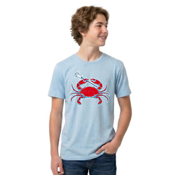 Person wearing a light blue t-shirt with a red crab graphic on a white background