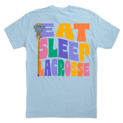 Light blue t-shirt with colorful 'EAT SLEEP LACROSSE' text and lacrosse stick design on a white background