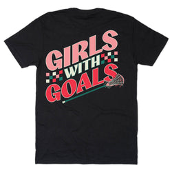 Black t-shirt with 'Girls with Goals' text and lacrosse stick graphic on a white background