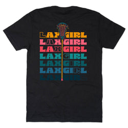 Black t-shirt with 'LAX GIRL' text in colorful gradient and lacrosse stick design on a white background