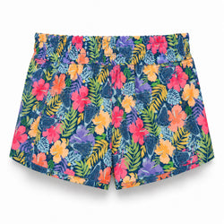 A pair of women's high-waisted shorts featuring a vibrant tropical lacrosse floral and leaf print on a navy blue base, displayed flat against a white background.