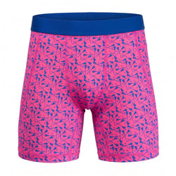 Pink and blue lacrosse patterned shorts on a white background