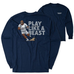 Navy long-sleeve shirt with a bigfoot inspired 'Play Like a Beast' graphic on a white background.