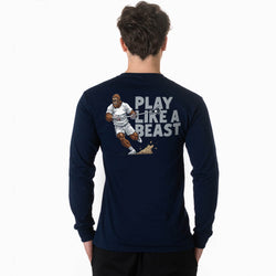 Navy long-sleeve shirt with a bigfoot inspired 'Play Like a Beast' graphic on the back, worn by a person.