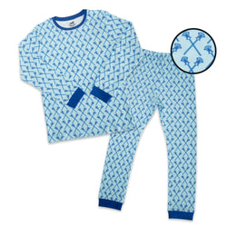 A two-piece children's pajama set featuring a light blue and white lacrosse patterned long-sleeve top and matching pants with solid blue trim, shown on a white background with a circular detail inset of the pattern.