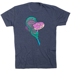 Blue t-shirt with a colorful lacrosse stick head and donut design on a white background
