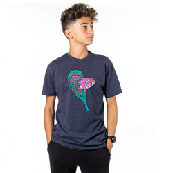 Person wearing a navy blue t-shirt with a colorful lacrosse stick head and donut design on a white background