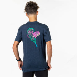 Person wearing a navy t-shirt with a colorful lacrosse stick head and donut design on the back against a white background