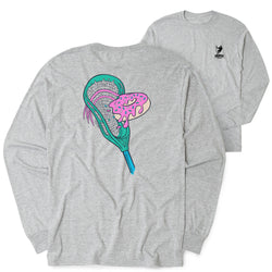 Gray long-sleeve shirt with a colorful lacrosse stick with donut design on a white background