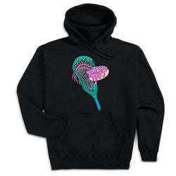 Black hoodie with a colorful lacrosse stick head and donut design on a white background