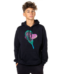 Person wearing a black hoodie with a colorful lacrosse stick head and donut design on a white background