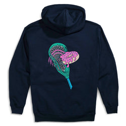 Navy blue hoodie with a colorful lacrosse stick design on the back against a white background