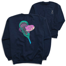 Navy blue sweatshirt with a lacrosse head and donut design on the front, displayed on a white background.