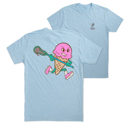 Light blue t-shirt with a cartoon ice cream cone character playing lacrosse on the back, displayed on a white background.