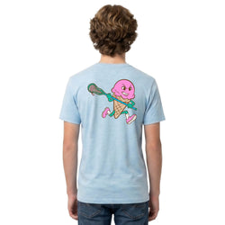 Person wearing a light blue t-shirt with a pink ice cream cone and green lacrosse stick graphic on the back.