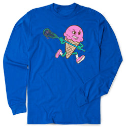 Blue long-sleeve shirt with a pink ice cream cone character holding a lacrosse stick on a white background