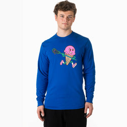 Person wearing a blue long-sleeve shirt with a colorful lacrosse graphic design on a white background