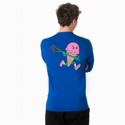 Person wearing a blue shirt with a pink ice cream character design on the back