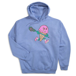 Light blue hoodie with a pink ice cream cone character holding a lacrosse stick on a white background