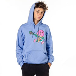 Person wearing a blue hoodie with a colorful graphic design on a white background