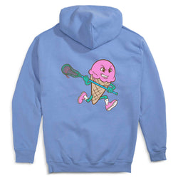 Light blue hoodie with a cartoon character holding a lacrosse stick on the back, on a white background