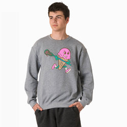 Person wearing a gray sweatshirt with a colorful ice cream cone character design on a white background