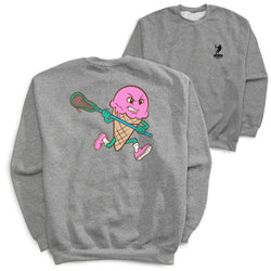 Gray sweatshirt with a pink ice cream cone character holding a lacrosse stick on a white background