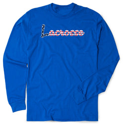 Blue long-sleeve shirt with 'Lacrosse' printed in red, white, and blue on a white background