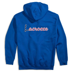 Royal blue hoodie with lacrosse script design on the back
