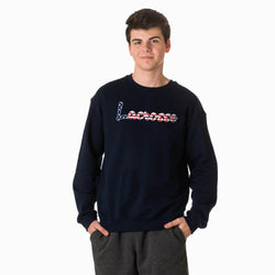 Person wearing a navy blue sweatshirt with a lacrosse script design on a white background