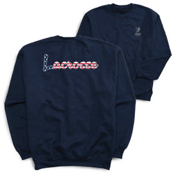 Navy blue sweatshirt with 'Lacrosse' design on a white background