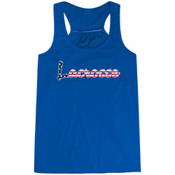 Blue tanktop with lacrosse script text.