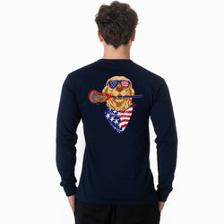 Navy long-sleeve shirt with a graphic of a dog wearing sunglasses and an American flag bandana on the back, against a white background.