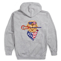 Gray hoodie with a dog graphic wearing sunglasses and an American flag bandana on the back.