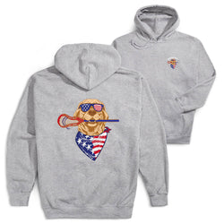 Gray hoodie with a dog graphic wearing an American flag bandana and sunglasses, on a white background.