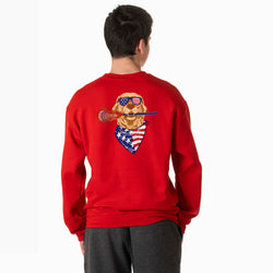 Red sweatshirt with a graphic of a dog wearing sunglasses and an American flag bandana on the back, worn by a person.
