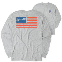 Gray long-sleeve shirt with lacrosse-themed design on a white background