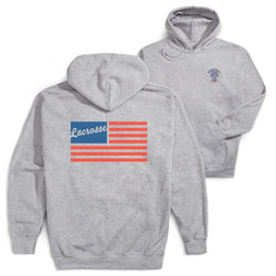 Gray hoodie with 'Lacrosse' and American flag design on a white background