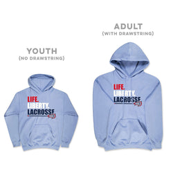 Light blue hoodies with 'Life Liberty Lacrosse' text on a white background