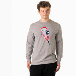 Person wearing a gray long-sleeve shirt with a lacrosse stick graphic design on a white background