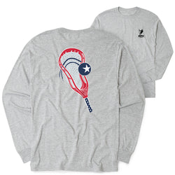 Gray long-sleeve shirt with a red and blue lacrosse stick and ball design on a white background