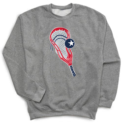 Gray sweatshirt with a red and blue racquet design on a white background