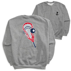 Gray sweatshirt with a lacrosse stick and ball design on a white background