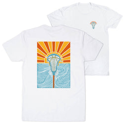 White t-shirt with a lacrosse design on the front and back, featuring a sunburst and wave pattern.