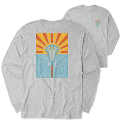 Gray long-sleeve shirt with a sunset lacrosse design on a white background