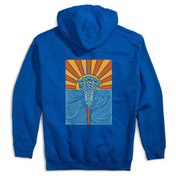 Royal blue hoodie with a sunset lacrosse design on the back against a white background