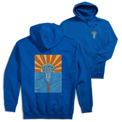 Royal blue hoodie with a lacrosse design on the front and back, displayed on a white background.
