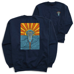 Navy blue sweatshirt with a sunset lacrosse design on the back, displayed on a white background.